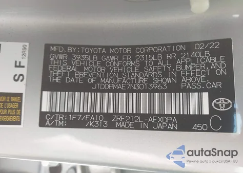 2022 Toyota Corolla L from USA, damaged, VIN JTDDPMAE7N3013963